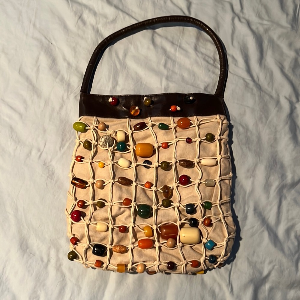 70’s Macrame Rainbow Beaded Bucket Bag with Leather straps